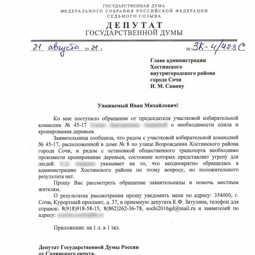 Константин Затулин попросил главу Хостинского района решить проблему кронирования опасных деревьев